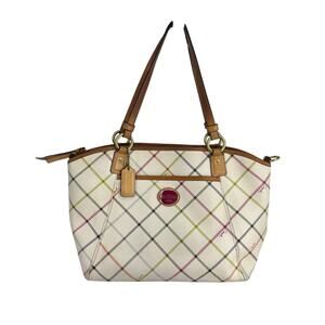 Coach Peyton Tattersall Tote Purse Handbag Ivory Plaid Medium Academia Retro